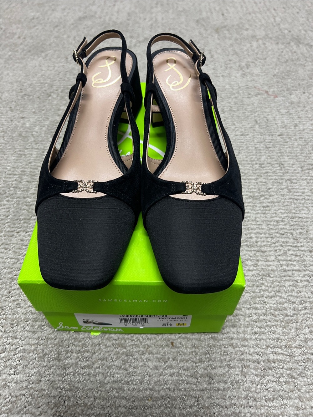 Sam Edelman Black Square-Toe Slingback Heels with Decorative Accent